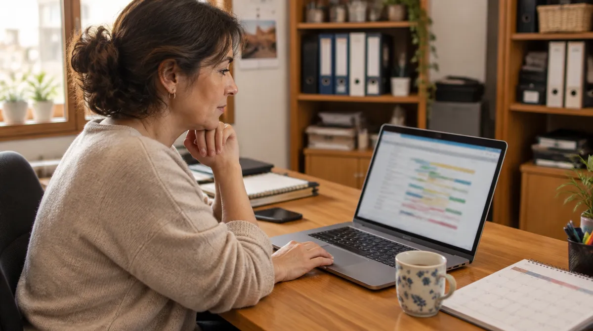Una responsable de una pequeña empresa revisa en el portátil el resumen de horas de su equipo